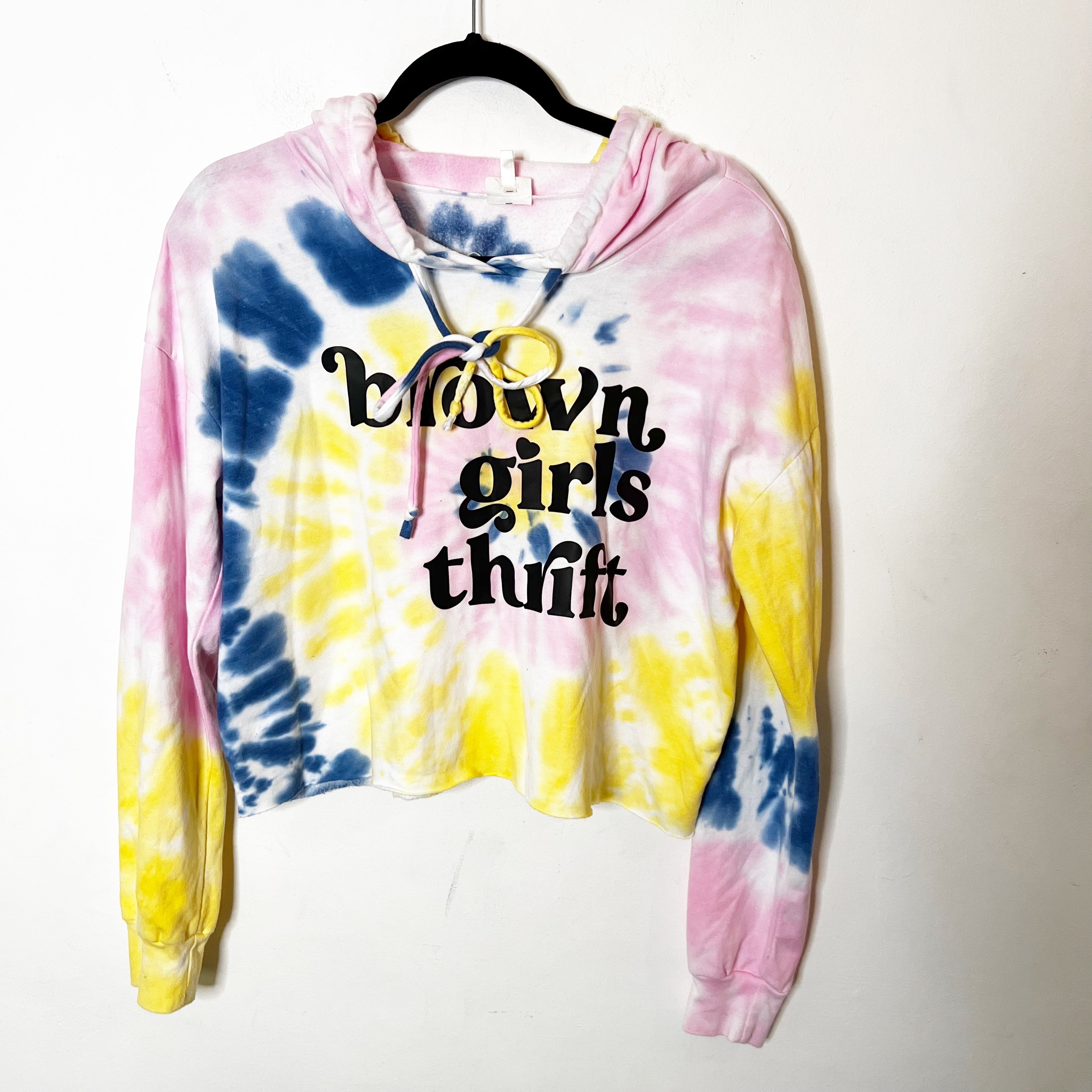 SZ S Tie Dye Crop BGT Hoodie Pink Blue & Yellow